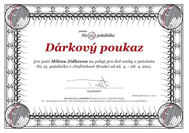 Dárkový poukaz penzionu Na 15. poledníku